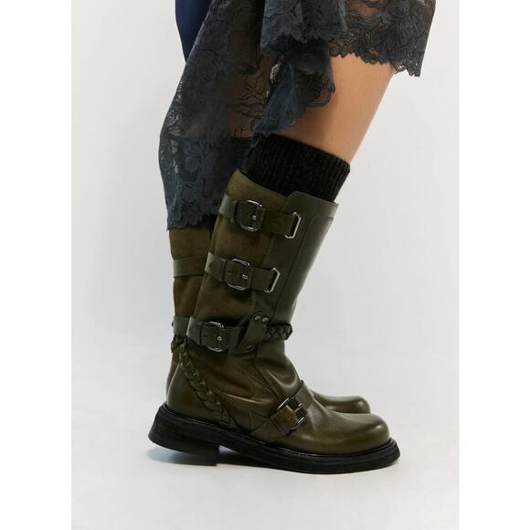 Free People Women's Billie Buckle Boots Leather Olive Green Size 8.5 NWB - Picture 1 of 10